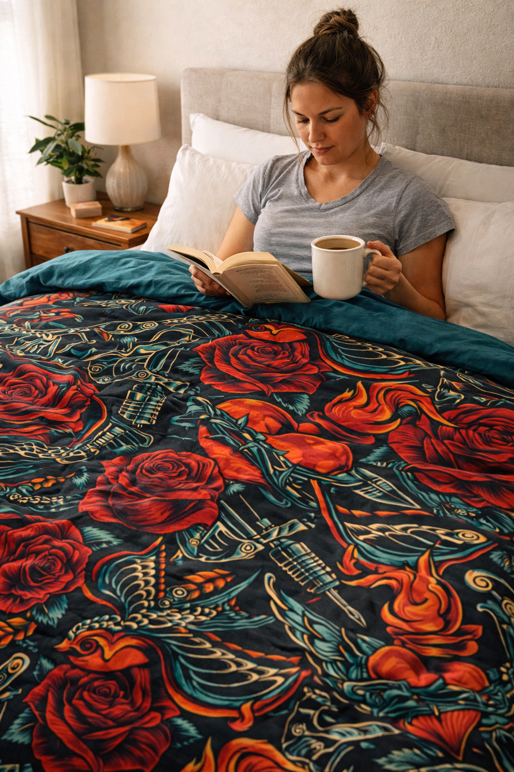 Vintage tattoo comforter with red roses swallows and anchors on black background girl reading a book in bed with a mug of tea
