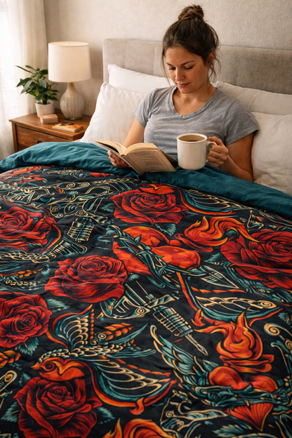 Vintage tattoo comforter with red roses swallows and anchors on black background girl reading a book in bed with a mug of tea