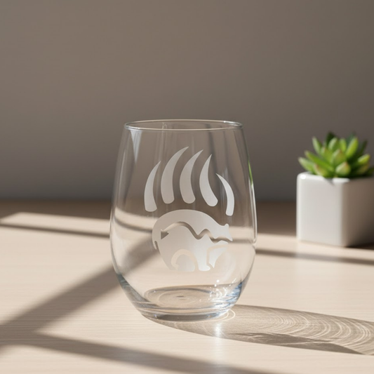 Bear Claw Etched Stemless Wine Glass by Expressive DeZien with permanent sandblasted artwork