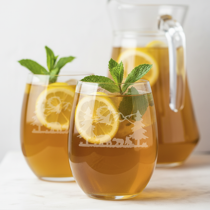 Bear Family etched stemless wine glasses with sweet tea and lemon