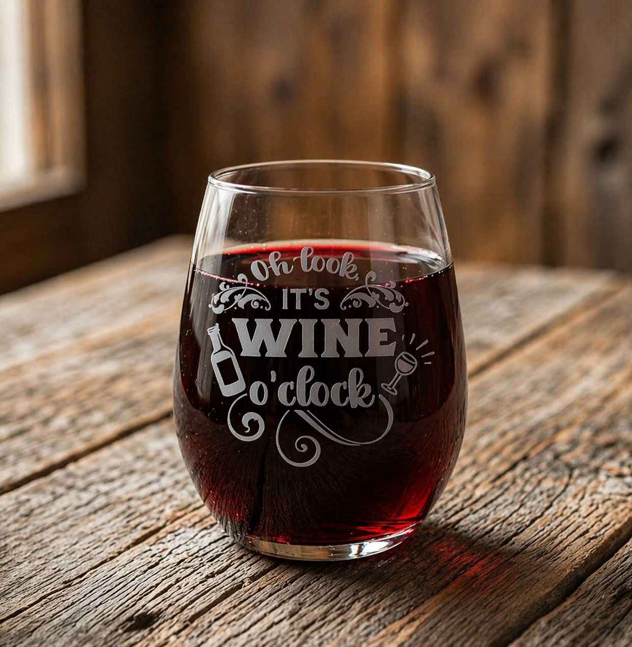 Etched Stemless Wine Glass 20.5oz | Oh Look It's Wine O'Clock | Deep Carved Sandblasted Glass