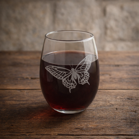 Butterfly V2 Etched Stemless Wine Glass by Expressive DeZien with permanent sandblasted artwork
