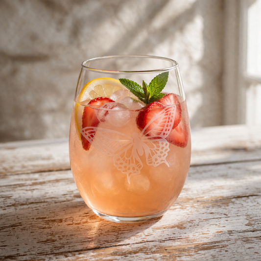 Butterfly V2 Etched Stemless Wine Glass by Expressive DeZien with permanent sandblasted artwork