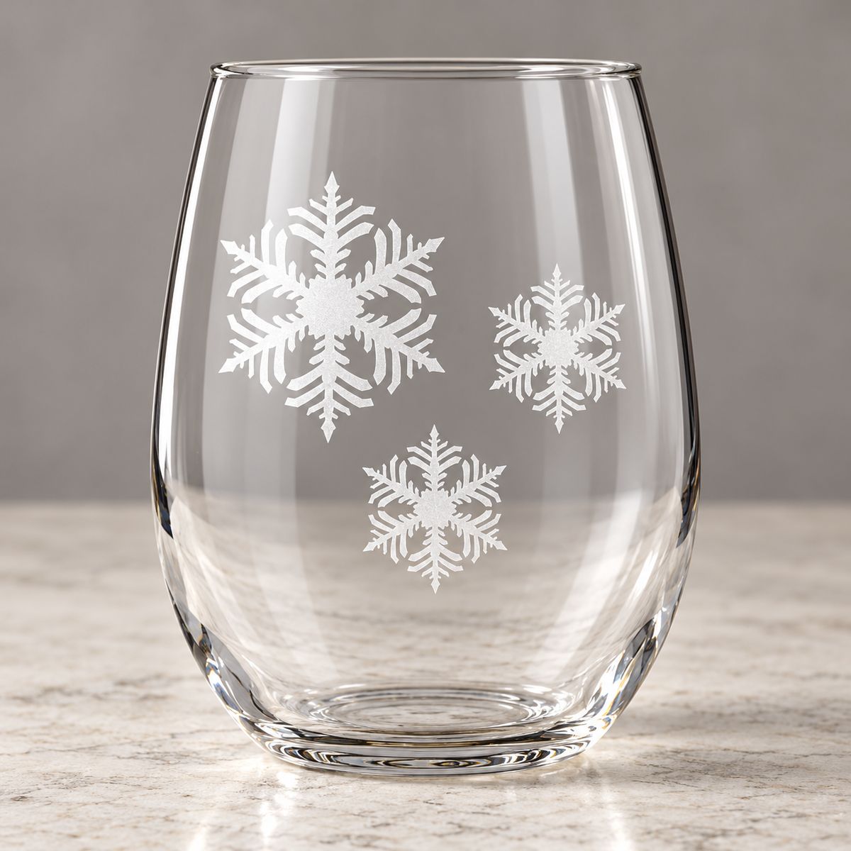 Celestial Frost Snowflake design, permanently sandblasted on a clear 20.5 oz stemless wine glass, product view 5