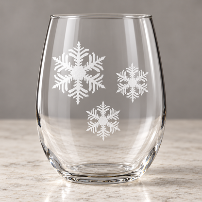 Celestial Frost Snowflake design, permanently sandblasted on a clear 20.5 oz stemless wine glass, product view 5