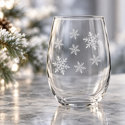 Blizzard Delight Snowflake design, permanently sandblasted on a clear 20.5 oz stemless wine glass, product view 4