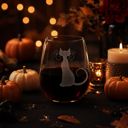Etched Stemless Wine Glass 20.5oz | Halloween Cat | Deep Carved Sandblasted Glass | Expressive DeZien