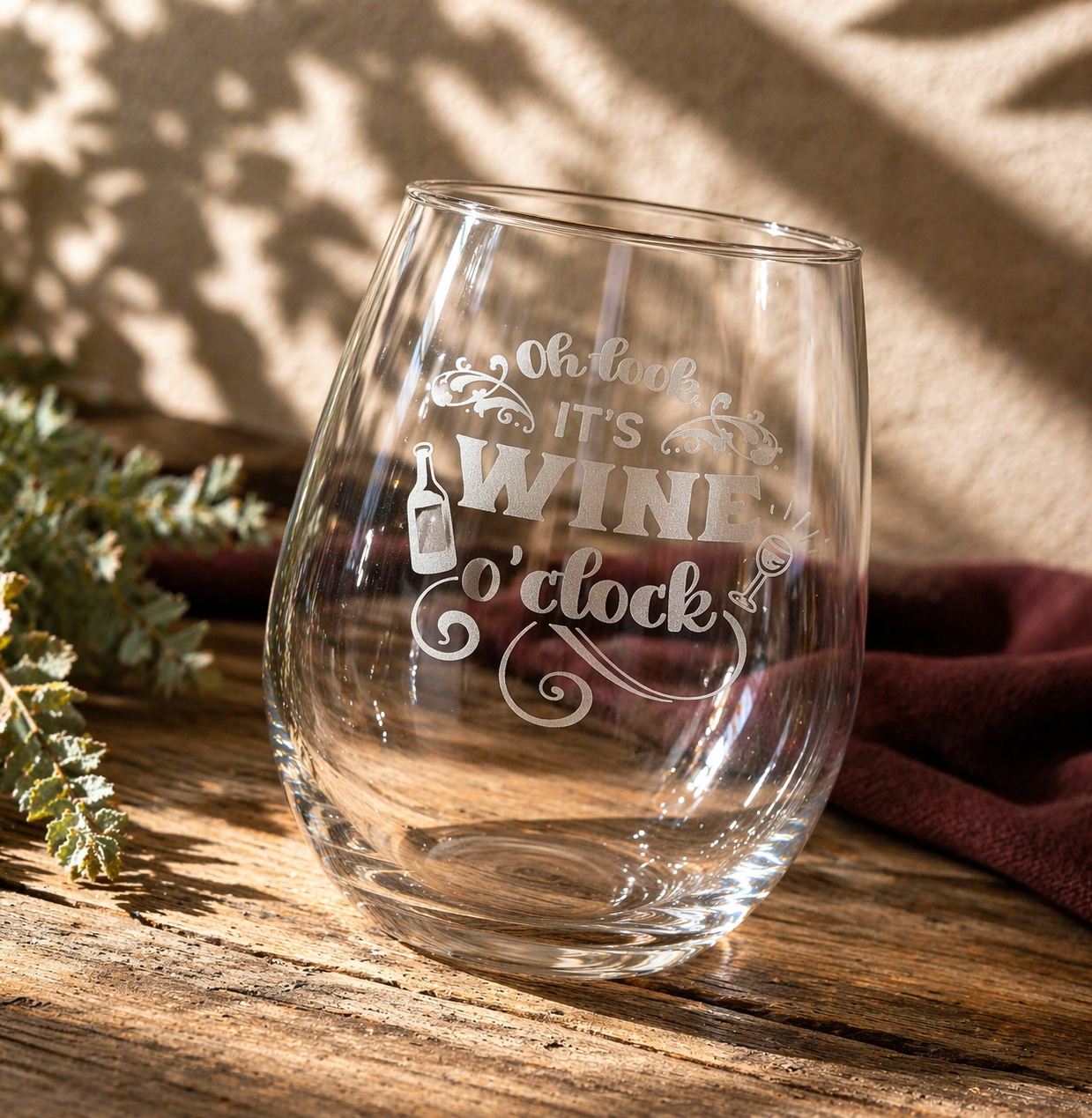 Etched Stemless Wine Glass 20.5oz | Oh Look It's Wine O'Clock | Deep Carved Sandblasted Glass