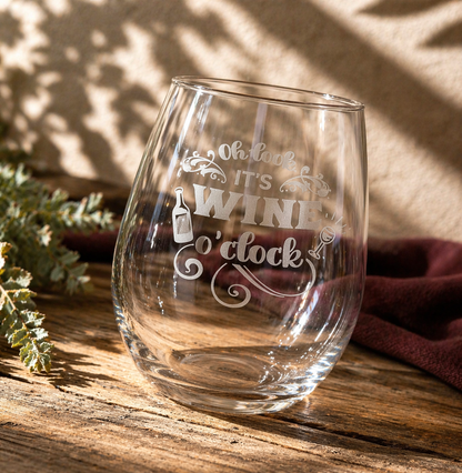 Etched Stemless Wine Glass 20.5oz | Oh Look It's Wine O'Clock | Deep Carved Sandblasted Glass