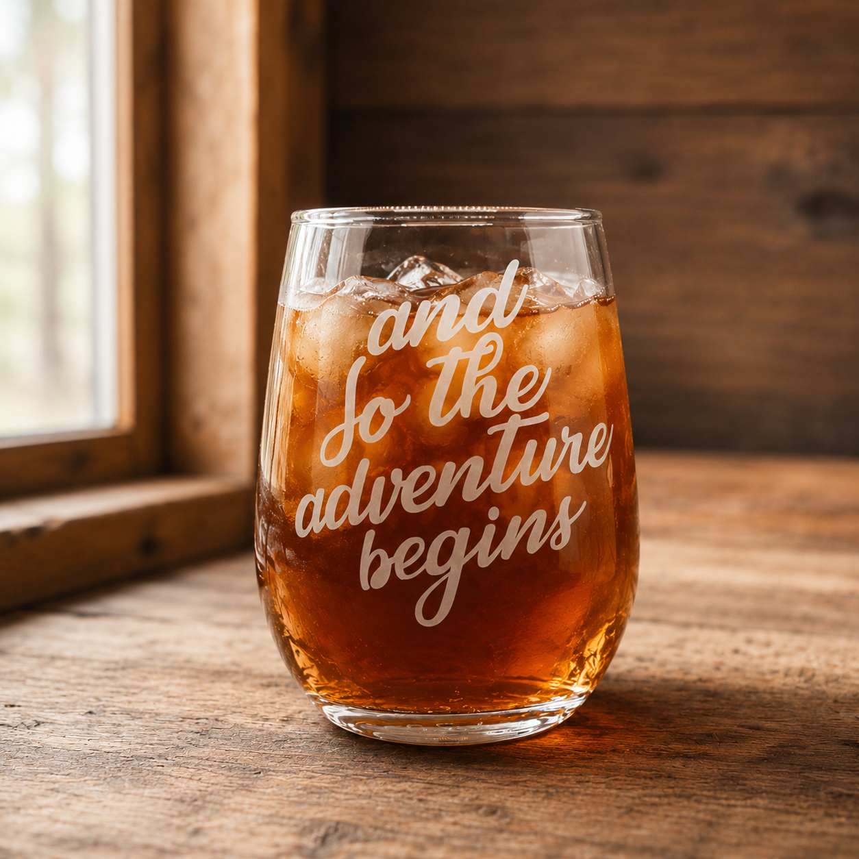 Etched Stemless Wine Glass 20.5oz | And So the Adventure Begins | Deep Carved Sandblasted Glass | Expressive DeZien
