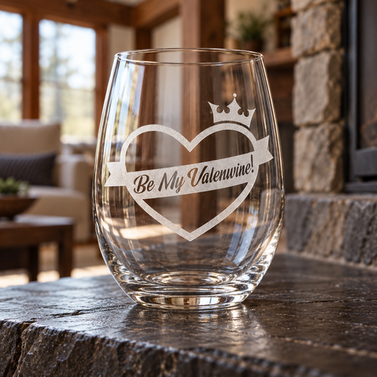 Be My Valenwine etched stemless wine glass. Empty glass showing a heart, crown, and banner.