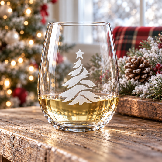 Personalized Christmas Tree Etched Stemless Wine Glass | 20.5 oz