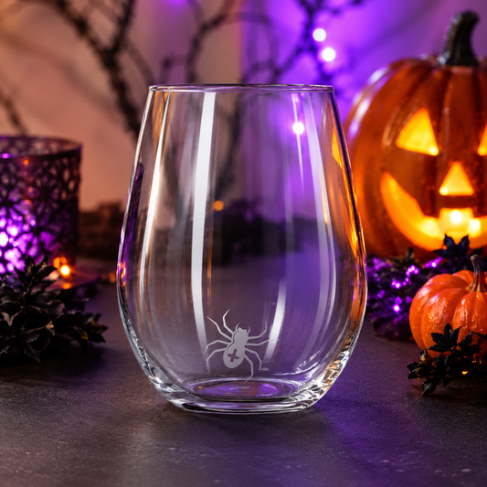 Etched Stemless Wine Glass 20.5oz | Halloween Itsy Bitsy Spider | Deep Carved Sandblasted Glass | Expressive DeZien