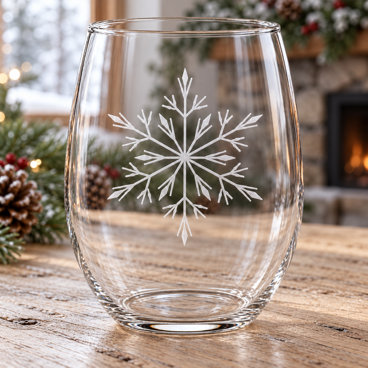 Ice Queen Snowflake design, permanently sandblasted on a clear 20.5 oz stemless wine glass, product view 4