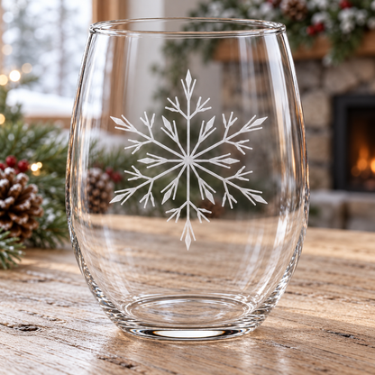 Ice Queen Snowflake design, permanently sandblasted on a clear 20.5 oz stemless wine glass, product view 4