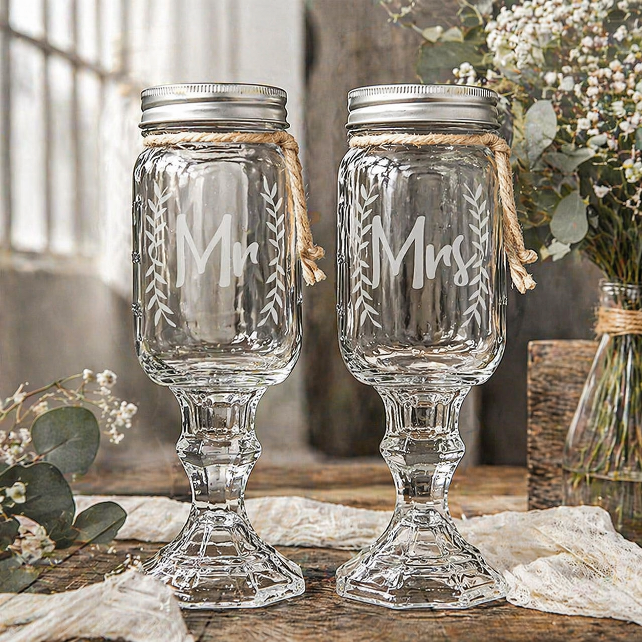 Rustic Wedding Toasting Glasses | Mr & Mrs Mason Jar Toasting Set | Personalized Handmade | Deep Etched Glass | Expressive DeZien