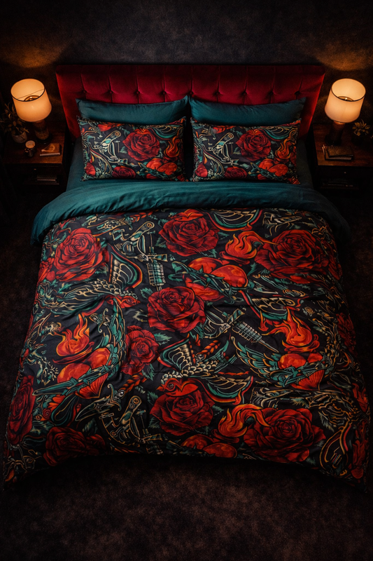Decorative bedspread with red roses and sparrows on a dark background