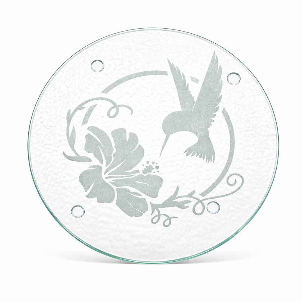 Glass Trivet | Hummingbird Hibiscus | Deep Carved Sandblasted & Etched Glass | Expressive DeZien