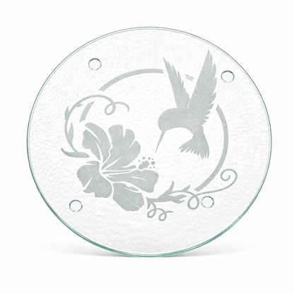Glass Trivet | Hummingbird Hibiscus | Deep Carved Sandblasted & Etched Glass | Expressive DeZien