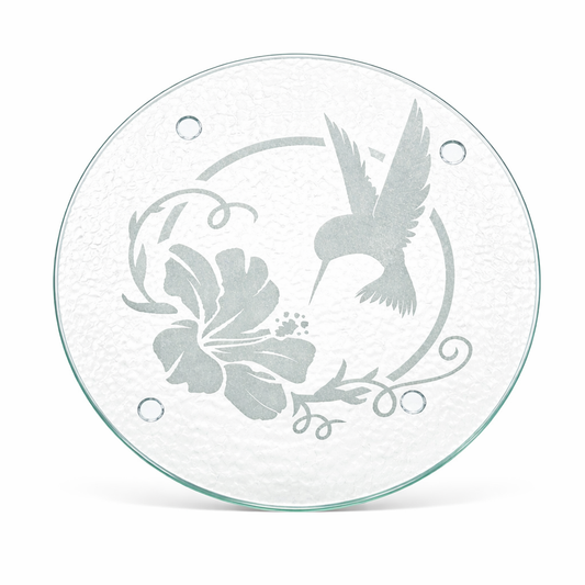 Glass Trivet | Hummingbird Hibiscus | Deep Carved Sandblasted & Etched Glass | Expressive DeZien