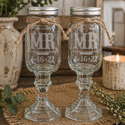 Rustic Wedding Toasting Glasses | Railroad Font | Personalized Handmade | Deep Etched Glass | Expressive DeZien