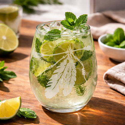 Two Feathers Etched Stemless Wine Glass Sand Carved 20oz Gift