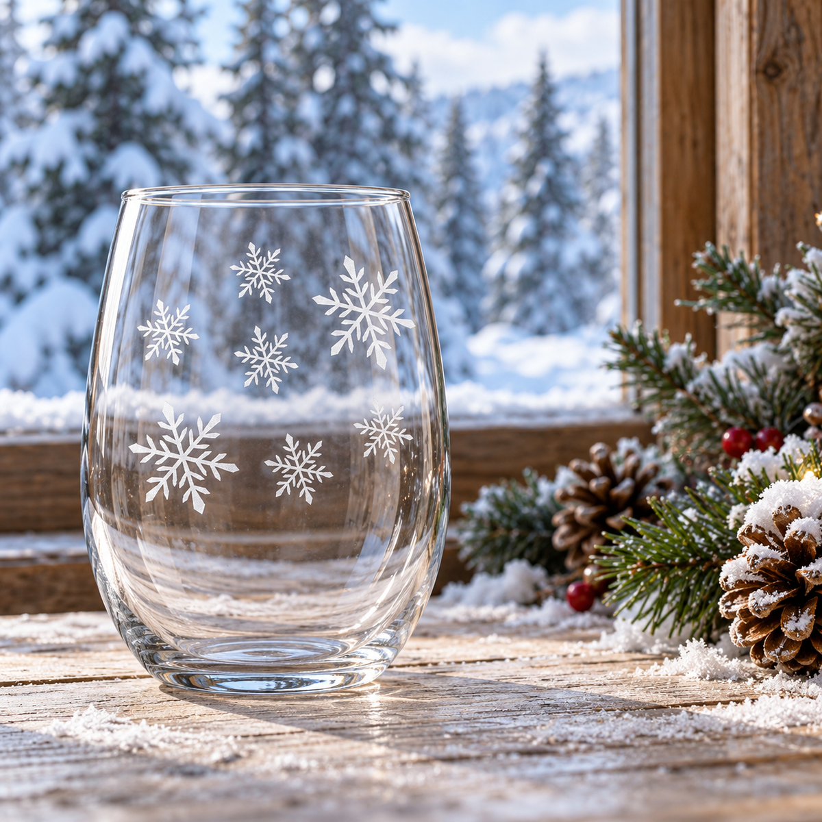 Blizzard Delight Snowflake design, permanently sandblasted on a clear 20.5 oz stemless wine glass, product view 3