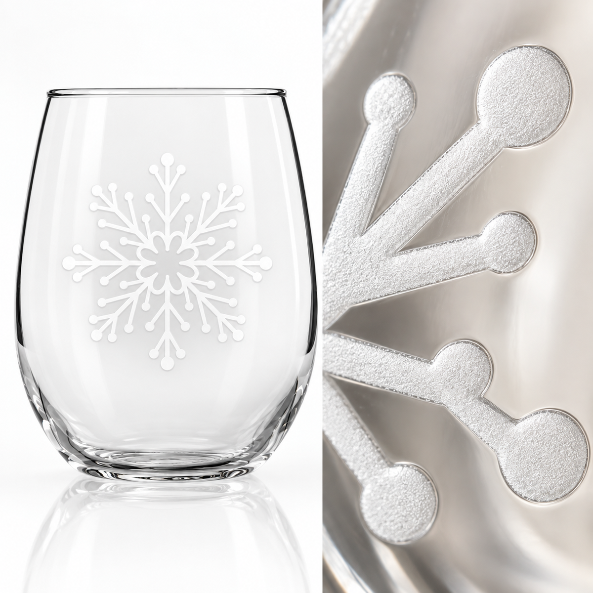 Queen's Whirl Snowflake design, permanently sandblasted on a clear 20.5 oz stemless wine glass, product view 6