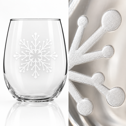 Queen's Whirl Snowflake design, permanently sandblasted on a clear 20.5 oz stemless wine glass, product view 6