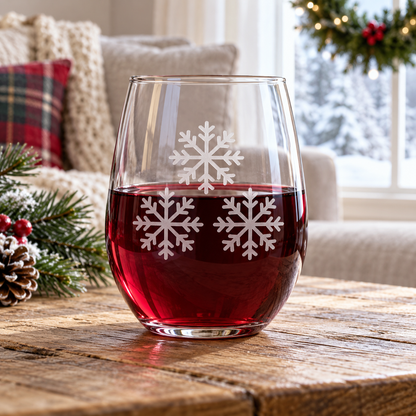 Frosty Lace Snowflake design, permanently sandblasted on a clear 20.5 oz stemless wine glass, product view 4
