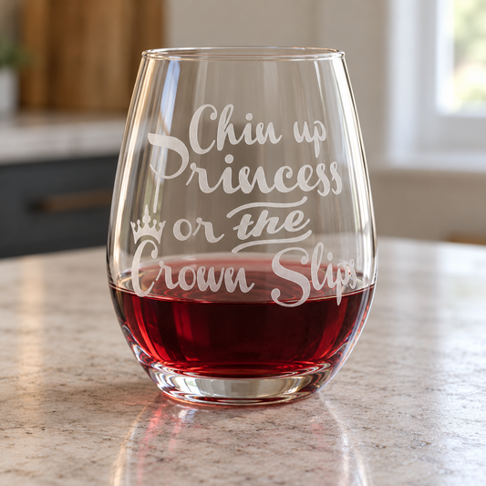 Chin Up Princess or the Crown Slips Sandblasted Stemless Wine Glass by Expressive DeZien with permanent sandblasted artwork