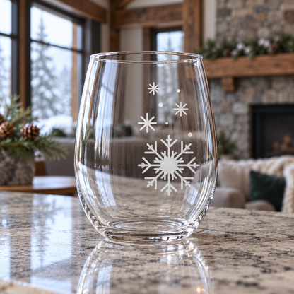 Winter Serenade Snowflake design, permanently sandblasted on a clear 20.5 oz stemless wine glass, product view 4