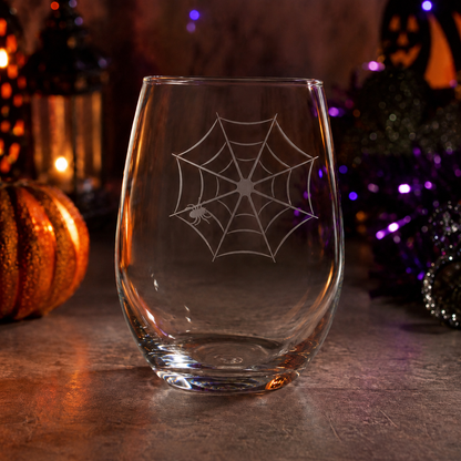 Etched Stemless Wine Glass 20.5oz | Spider Web | Deep Carved Sandblasted Glass | Expressive DeZien