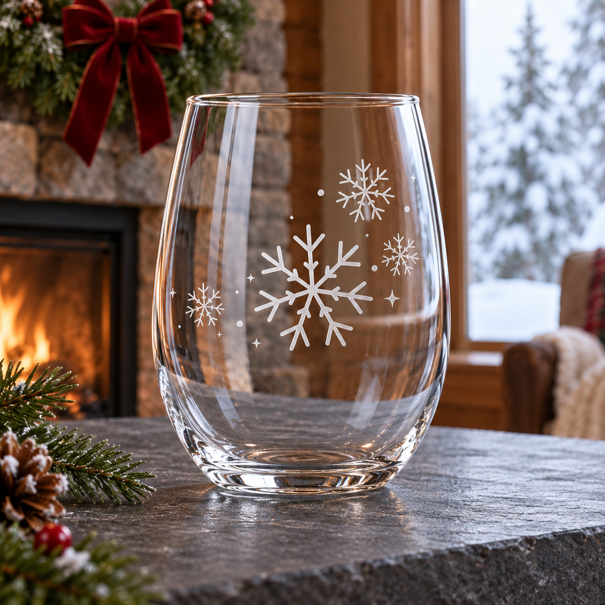 Frozen Symphony Snowflake design, permanently sandblasted on a clear 20.5 oz stemless wine glass, product view 5