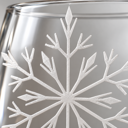 Ice Queen Snowflake design, permanently sandblasted on a clear 20.5 oz stemless wine glass, product view 2