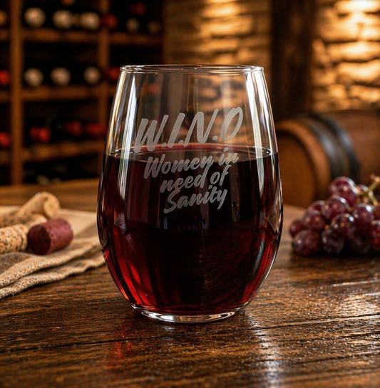 Etched Stemless Wine Glass 20.5oz | W.I.N.O | Deep Carved Sandblasted Glass