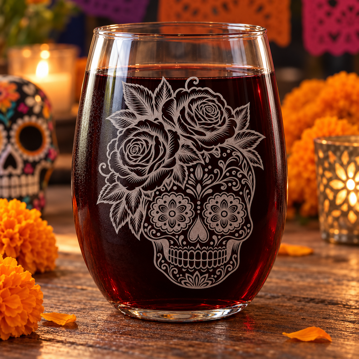 Day of the Dead Rose Sugar Skull Etched Stemless Wine Glass by Expressive DeZien with permanent sandblasted artwork