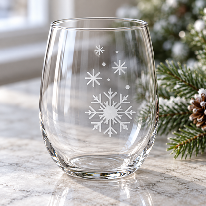Winter Serenade Snowflake design, permanently sandblasted on a clear 20.5 oz stemless wine glass, product view 5
