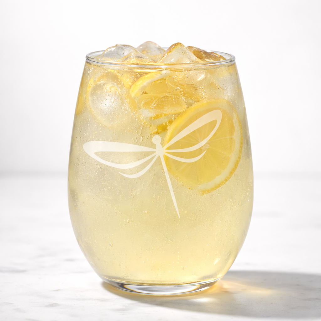 Dragonfly Etched Stemless Wine Glass by Expressive DeZien with permanent sandblasted artwork