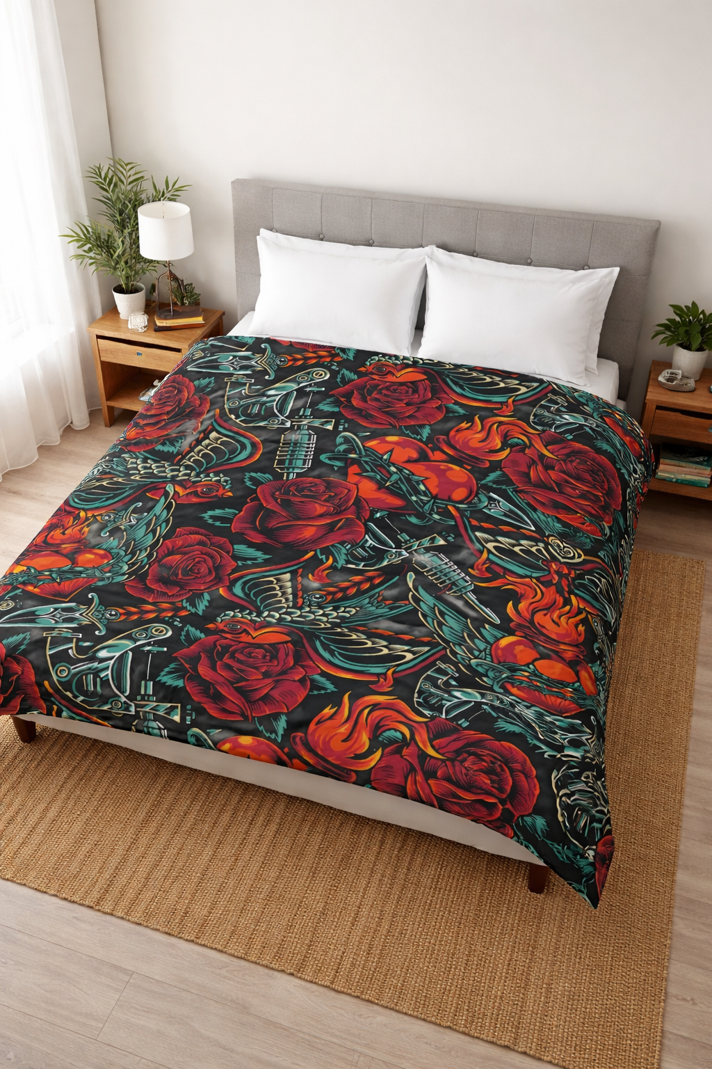 Vintage tattoo comforter with red roses swallows and anchors on black background
