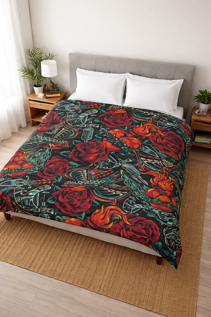 Vintage tattoo comforter with red roses swallows and anchors on black background
