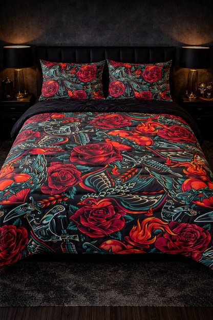 Vintage tattoo comforter with red roses swallows and anchors on black background
