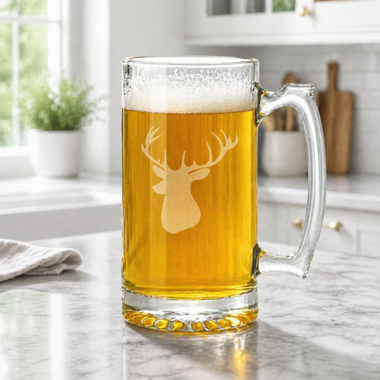 Etched Tavern Beer Mug 26.5oz | Buck Mount Head | Deep Carved Sandblasted Glass | Expressive DeZien