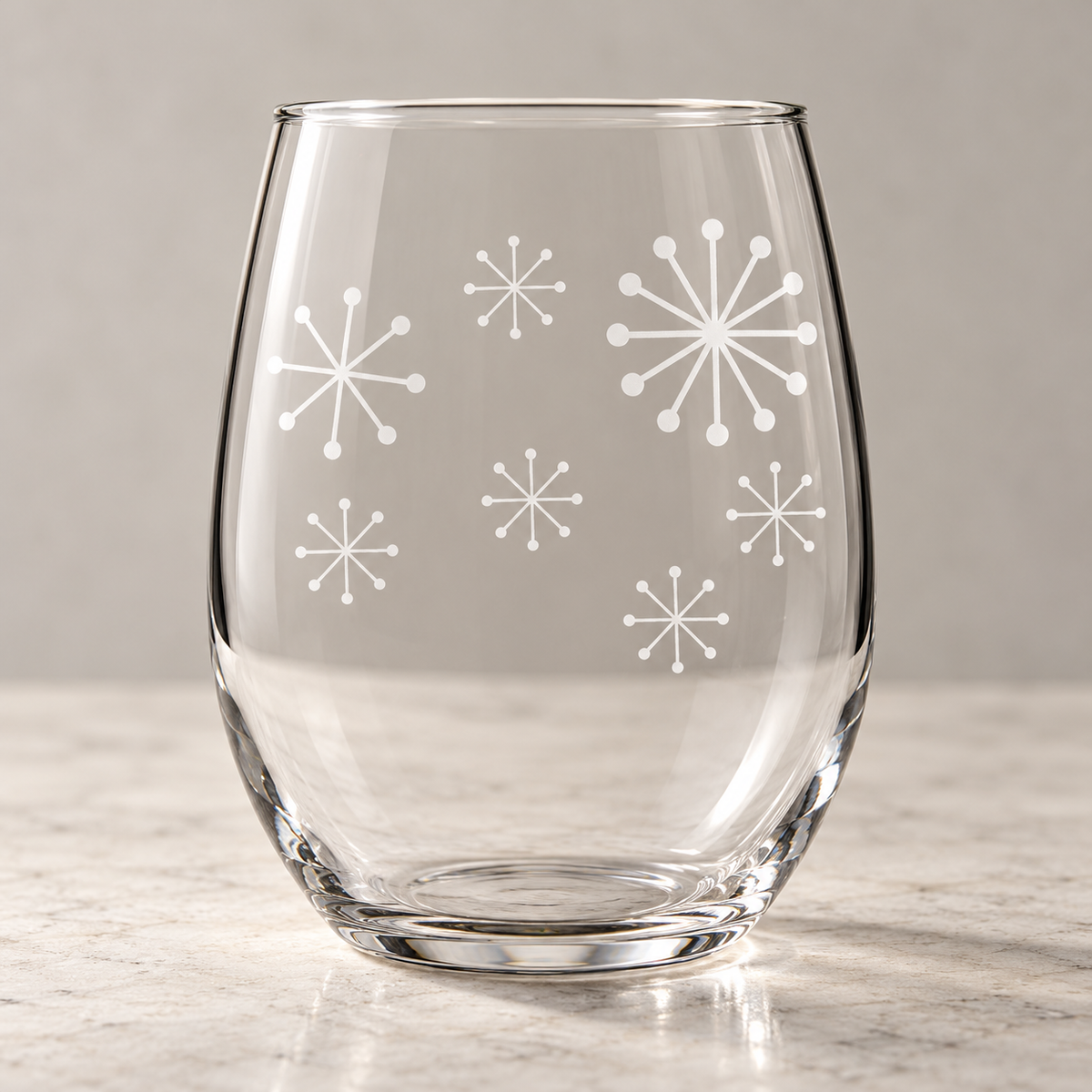 Retro Winter Snowflake design, permanently sandblasted on a clear 20.5 oz stemless wine glass, product view 5