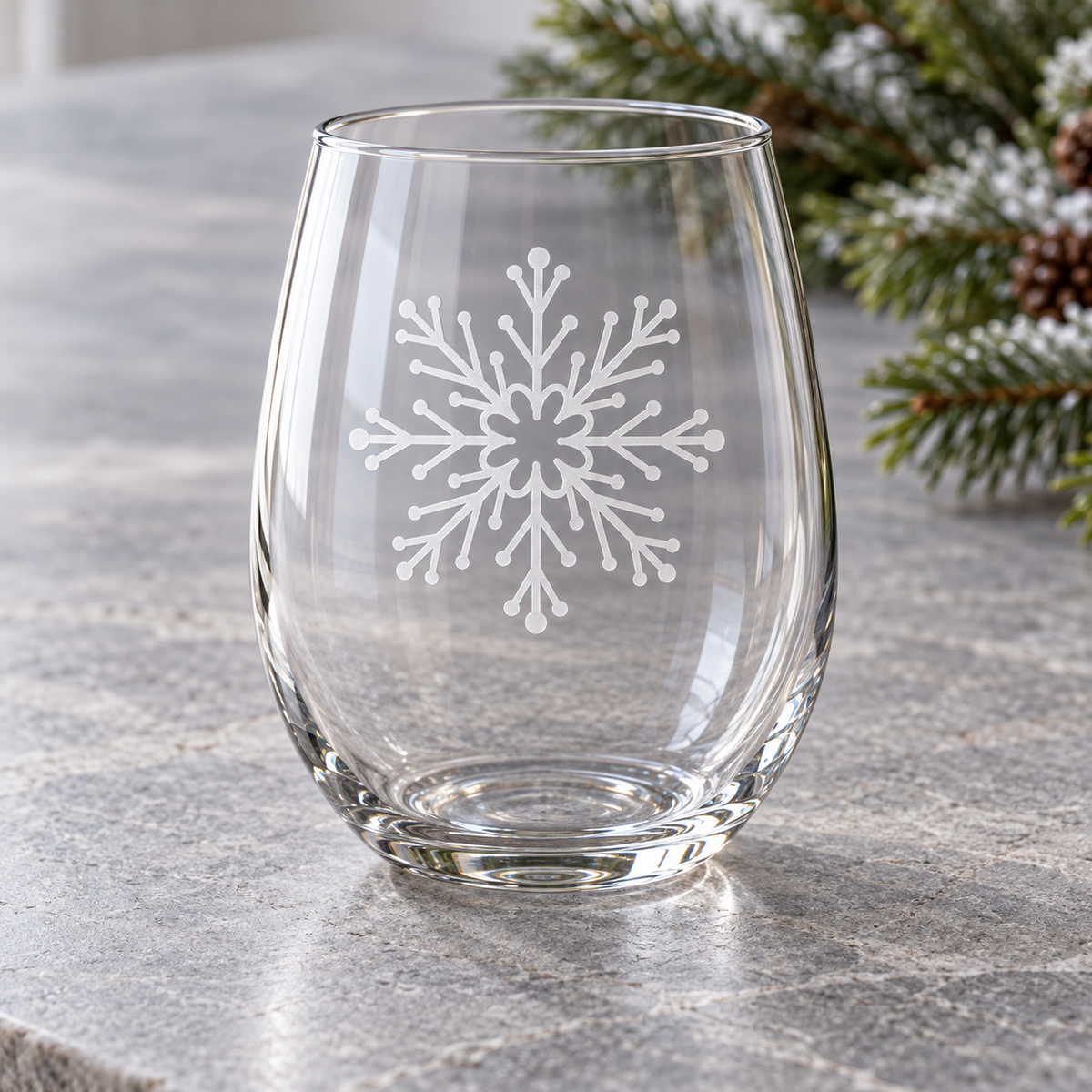 Queen's Whirl Snowflake design, permanently sandblasted on a clear 20.5 oz stemless wine glass, product view 3