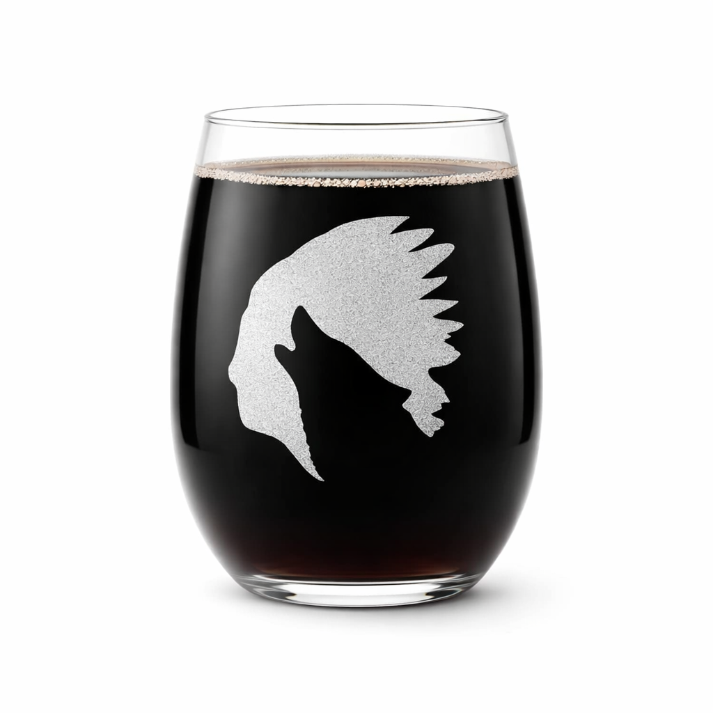 Etched Stemless Wine Glass 20.5oz | Native Wolf | Deep Carved Sandblasted Glass | Expressive DeZien