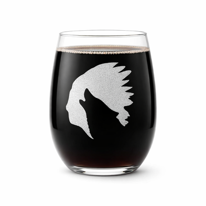 Etched Stemless Wine Glass 20.5oz | Native Wolf | Deep Carved Sandblasted Glass | Expressive DeZien
