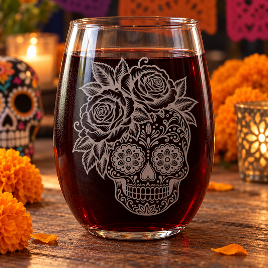 Etched Stemless Wine Glass 20.5oz | Day of the Dead Rose Sugar Skull | Deep Carved Sandblasted Glass | Expressive DeZien