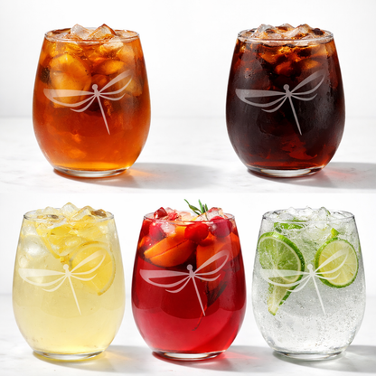 Etched Stemless Wine Glass 20.5oz | Dragonfly | Deep Carved Sandblasted Glass | Expressive DeZien