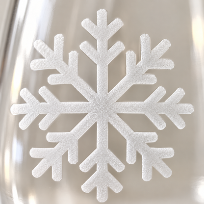 Frosty Lace Snowflake design, permanently sandblasted on a clear 20.5 oz stemless wine glass, product view 2